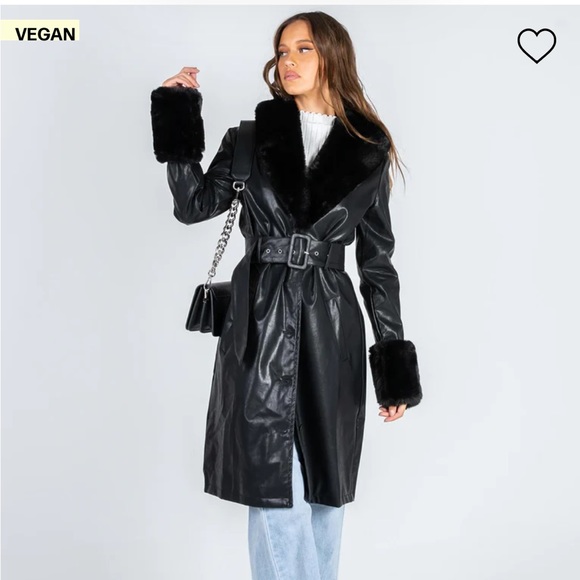 Princess polly Brooklyn faux leather long coat with fur - Picture 1 of 2